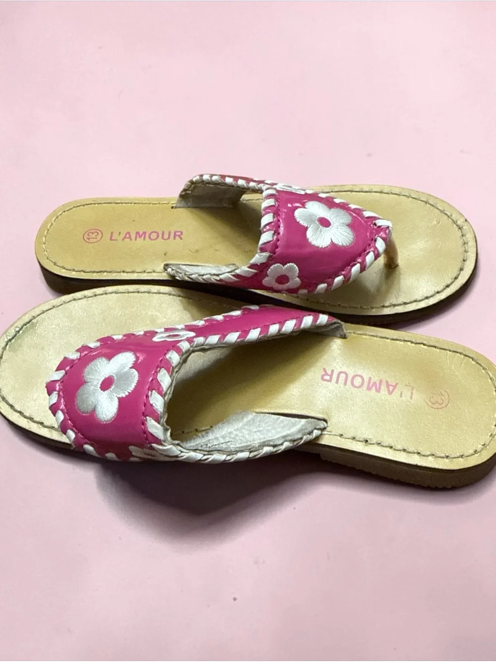 L'Amour Girls Pink Leather Whipstitch Floral Sandals Resort Preppy Size 13